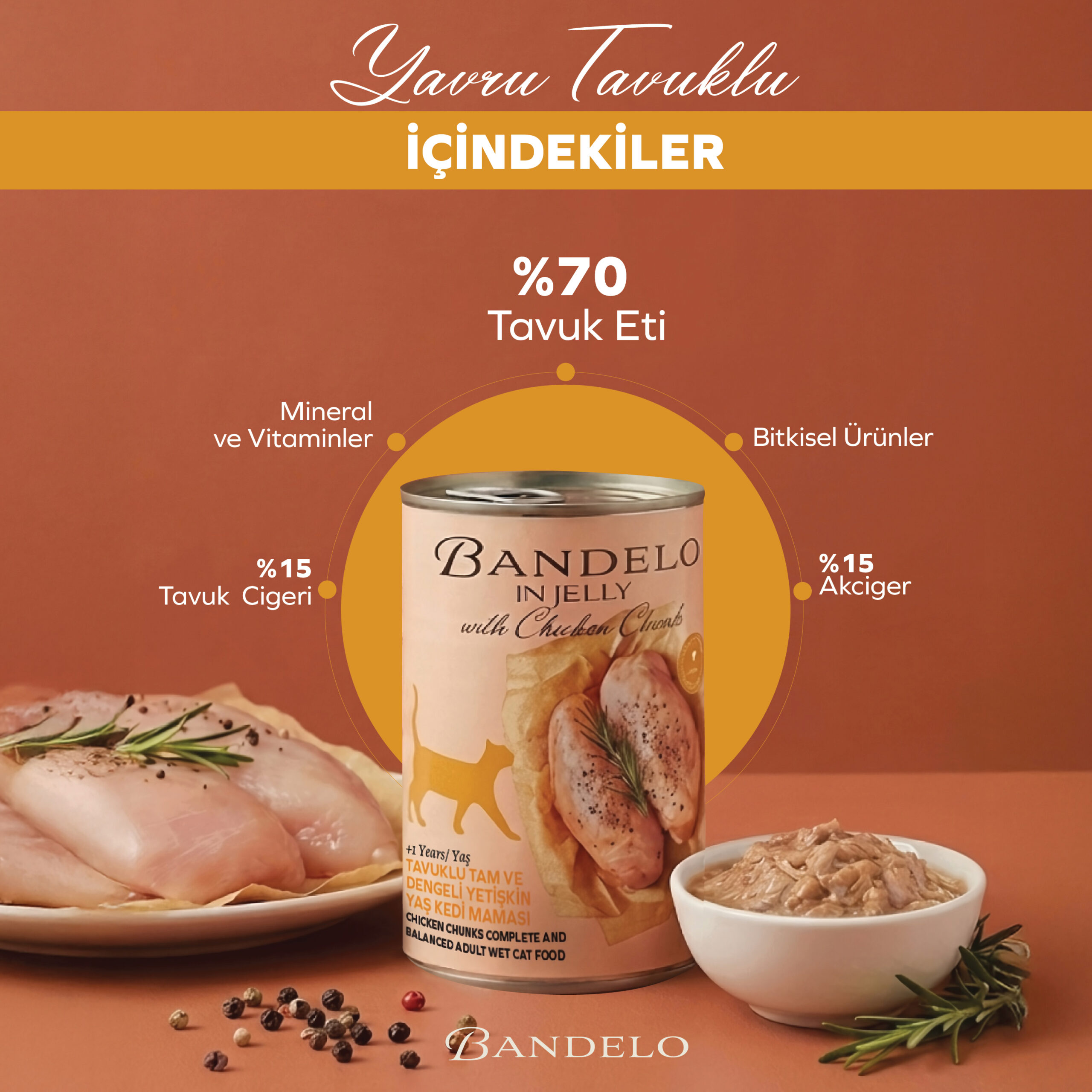 Yaş Kedi Maması Bandelo Tavuklu Yetişkin Kedi Konservesi005
