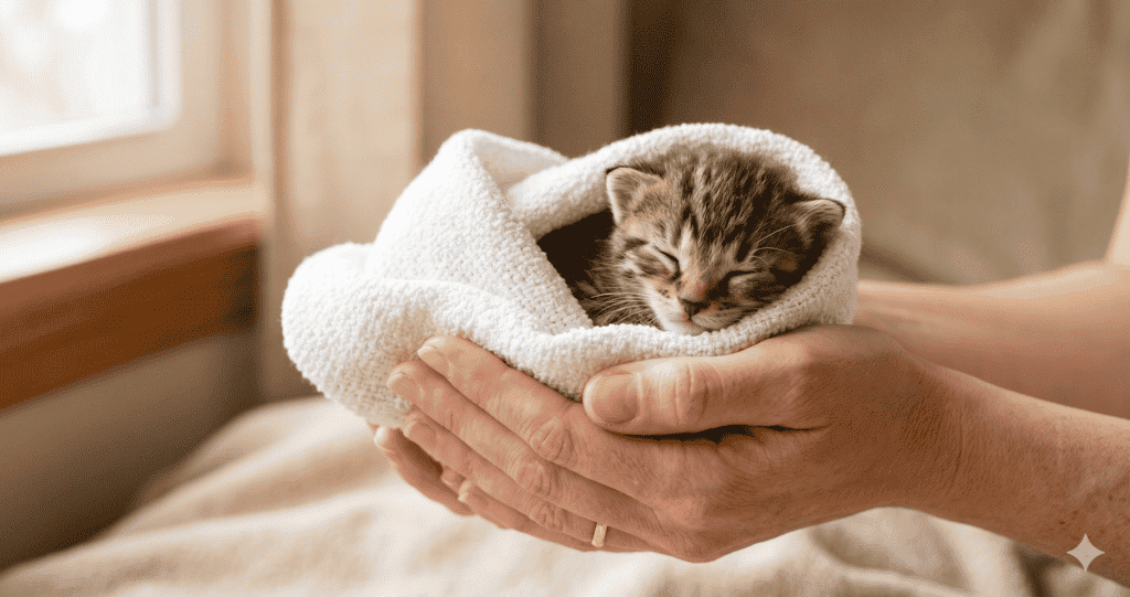 Yavru kedi yumuşak battaniyede uyuyor, sevgiyle bakılıyor.