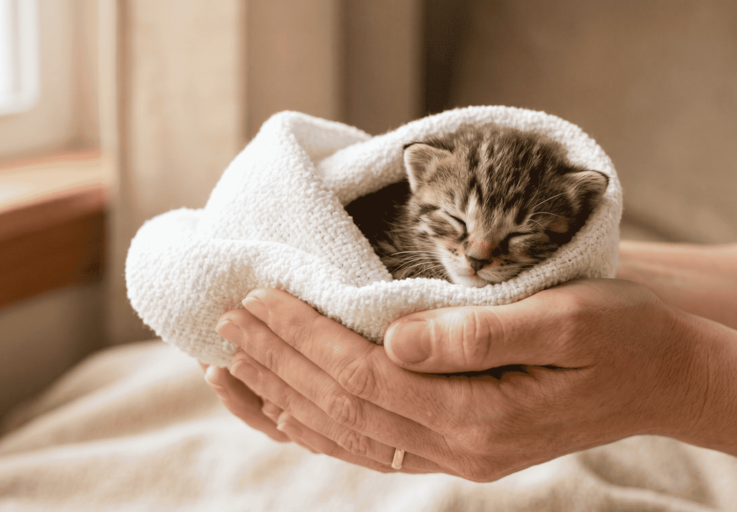 Yavru kedi yumuşak battaniyede uyuyor, sevgiyle bakılıyor.