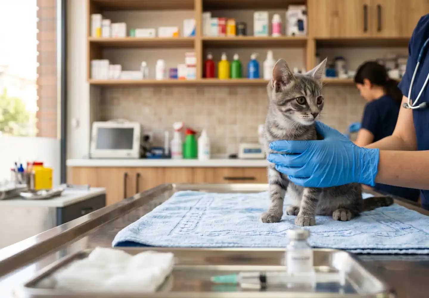 Veteriner klinikte kedi aşısı yapılırken görüntü.
