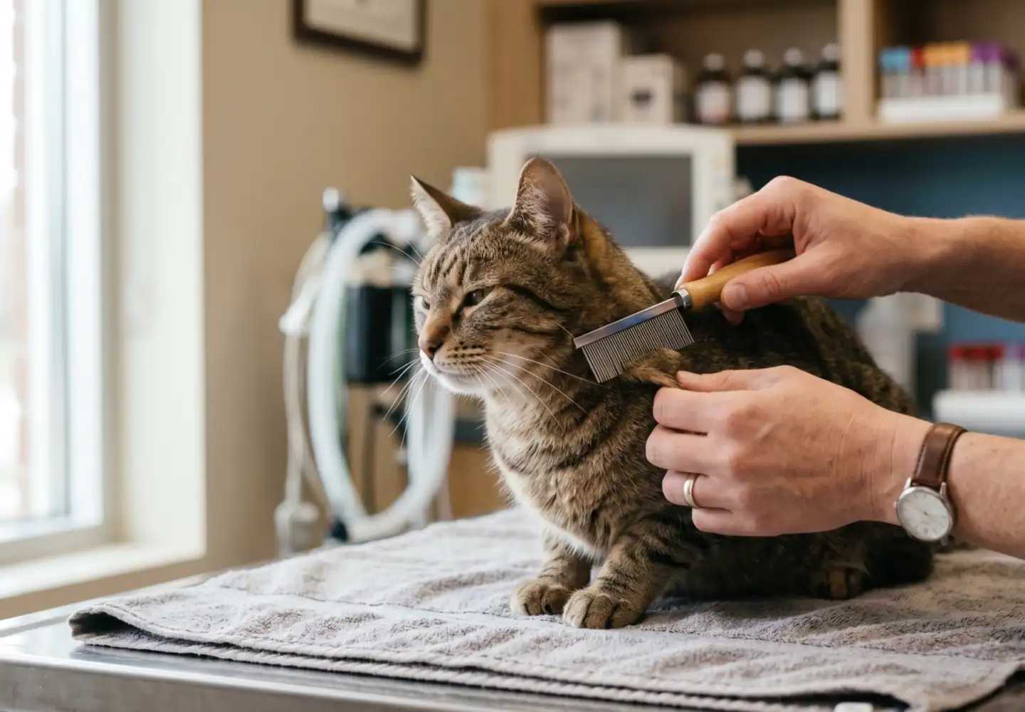 Kedi tüyleri ve pire önleme için veterinerde tüy taraması yapılıyor.