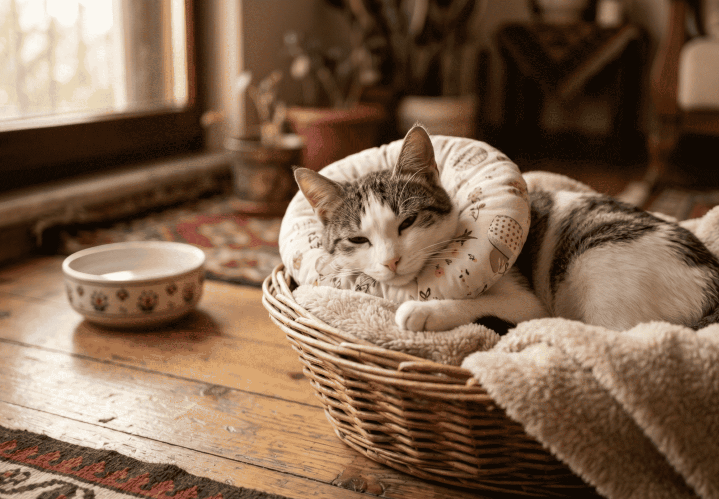 Kısırlaştırılmış kedi rahat bir yuva ve mama kabı ile ev ortamında dinleniyor.